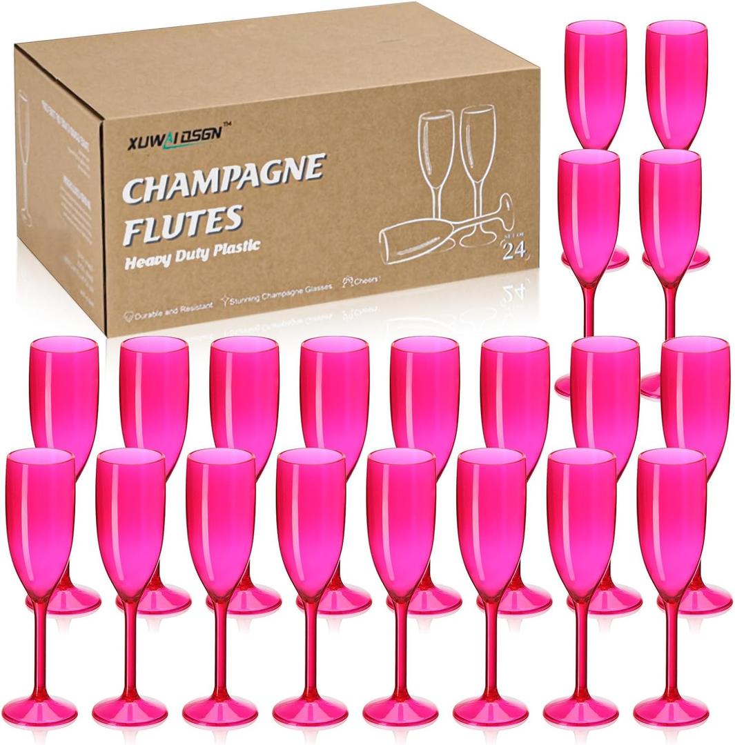 XUWAIDSGN Champagne Flute Acrylic Champagne Glasses Wedding Toasting Champagne Flute Goblet Plastic Reusable Unbreakable Champagne Cups for Bachelorette Wedding Bridal Shower Party (Hot Pink, 24)