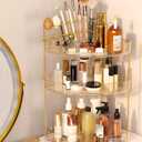 FELIZHOUSE 3-Tier Corner Bathroom Counter Organizer, Bathroom Countertop Shelf Makeup & Skincare Storage with Brush Holder for Vanity, Dresser, Kitchen - Amber