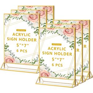 Acrylic Sign Holder, 5 x 7 Inch Gold Frames, Double-Sided Display Stand Picture Frames, Table Signs Holders for Table Menus, Offices, Weddings, Flyers and Photo (Gold, 5 x 7 Inch (6 Pcs))