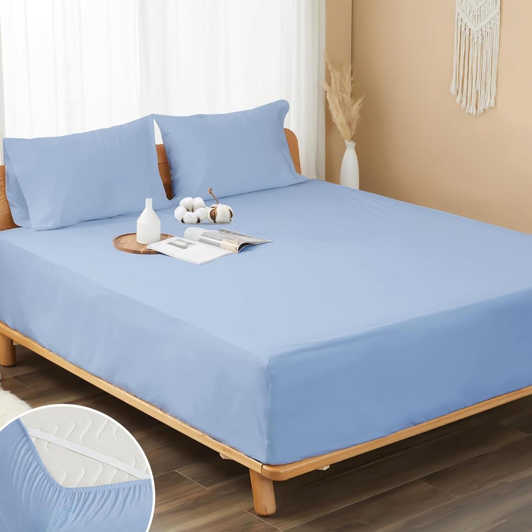 100% Cotton Percale Fitted Sheet Queen Size, 8-15" Deep Pocket Cooling Bottom Sheet, Breathable Soft & Crisp Fitted Sheet Only with 4 Corner Straps (Queen, Placid Blue)