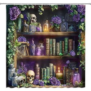 Gothic Skull Shower Curtain Vintage Withcy Spooky Retro Wizard Magic Bookshelf Purple Floral Unique Green Plant Mysterious Bathroom Decor Polyester Curtains with Hooks,70Wx70L