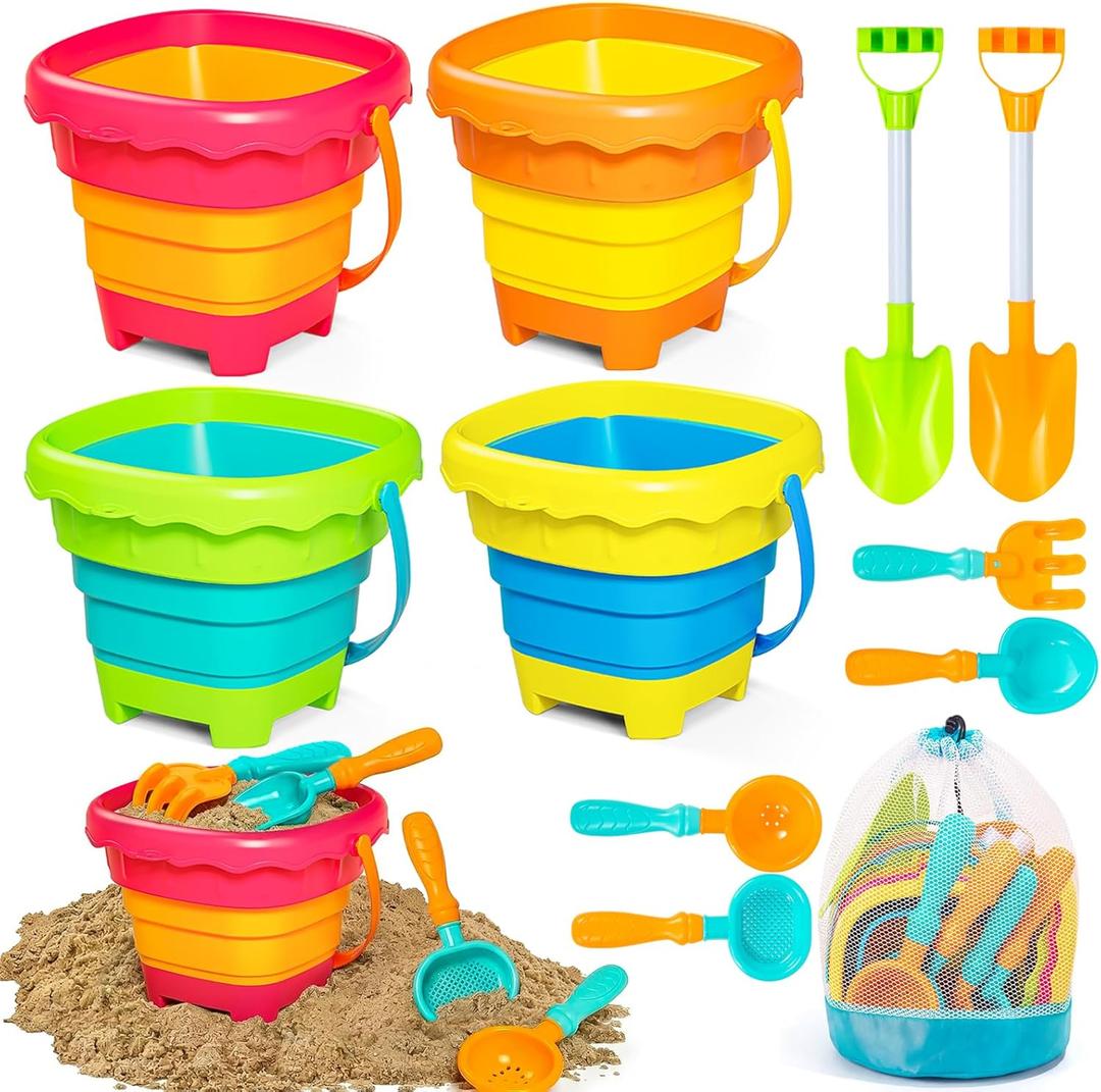 Shemira Collapsible Beach Sand Toys for Kids Toddlers, Collapsible Sand Bucket and Sifter Shovels Set with Mesh Bag, Travel Beach Sandbox Toys for Boys Girls 3 4 5 6 7 8 9 10, Beach Essentials