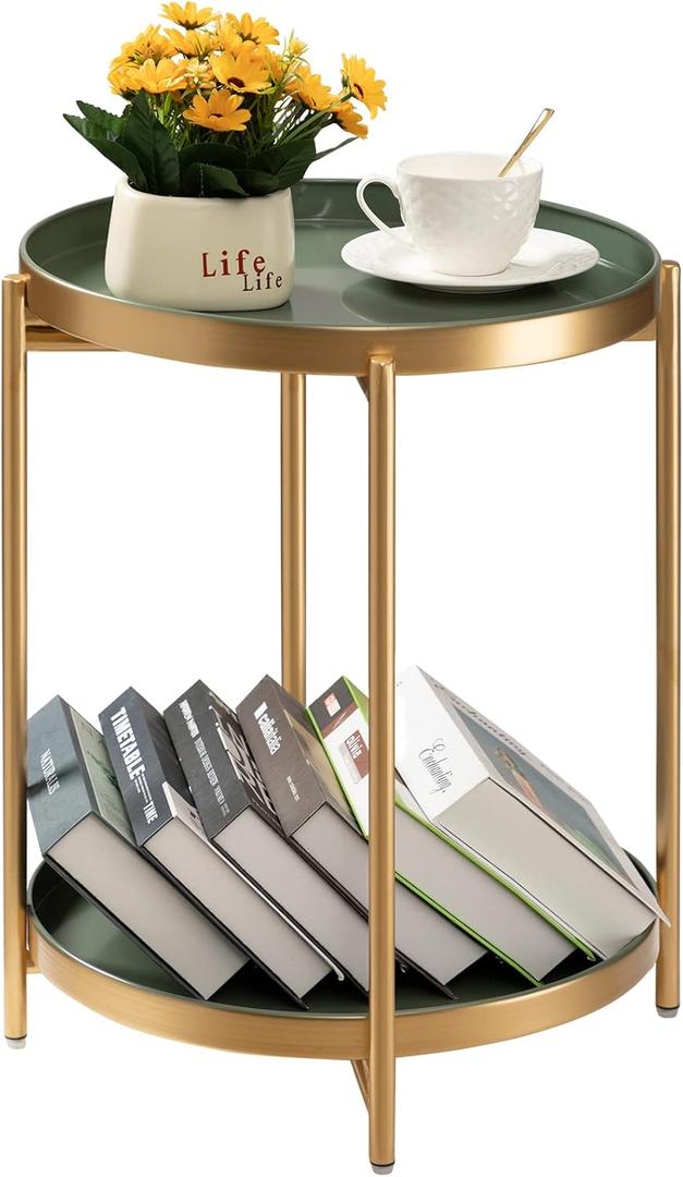 TeoKJ 2 Tier Gold Side Table, Folding Round Metal End Table Small Nightstand with Two Removable Tray for Bedroom Living Room Bedside Small Spaces Gold + Dark Green (Gold + Dark Green)