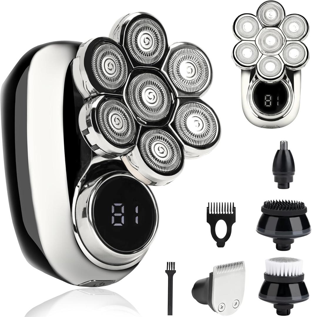 5-in-1 Electric Head Shaver for Bald Men in Gunmetal with LED Display, IPX7 Waterproof Grooming Kit, Turbo Speed Rotary Razor with Precision Blades for Wet & Dry Use