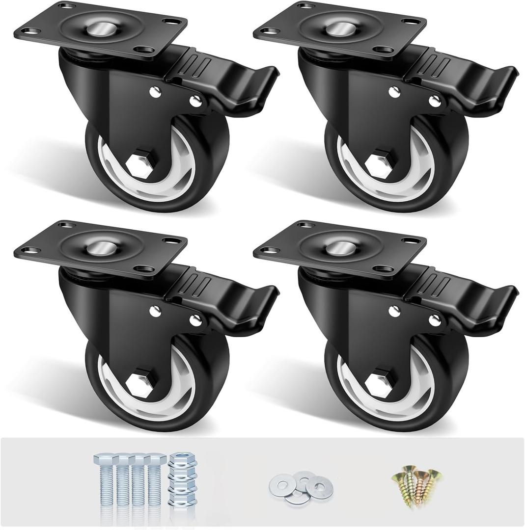 3" Caster Wheels Set of 4, Heavy Duty Casters with Brake, No Noise Locking Casters with Polyurethane (PU) Wheels, Swivel Plate Castors Pack of 4