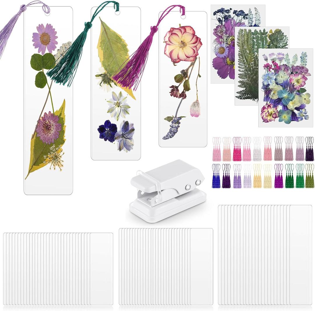 Fuyoooo 176 Pcs Dried Flower Bookmark Making Kit, DIY Bookmark Laminating Pouches with Tassels and Puncher DIY Project Gifts for Women Night Out Craft Book Lovers (Purple,3 Size)