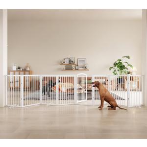 JSB 192-inch Extra Wide 30-inch Tall Dog gate with Door Walk Through,Full Matel Freestanding Round Tube Pet Gate for Halls Stairs, Puppy Safety Dog Fence with 4PCS Support Feet (White)