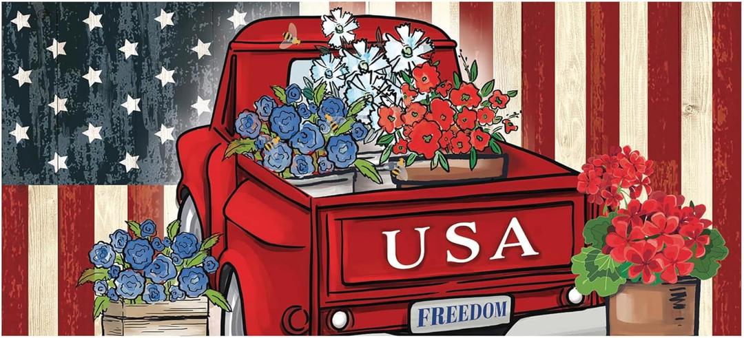 Evergreen Patriotic Sassafras Mat Inserts, Interchangeable Front Door Mat Outdoor Entrance, Indoor Door Mats for Entryway, 22 x 10 Inches Sassafras Doormat Inserts (USA Truck)