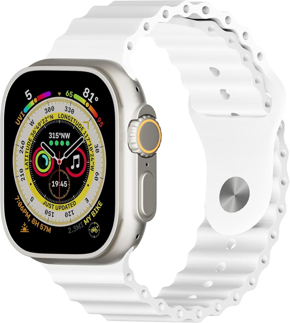 HeiKe Silicone Ocean Band for Apple Watch Ultra 2/Ultra Band 49mm 46mm 45mm 44mm 42mm 41mm 40mm 38mm Men Women, Sport Breathable Wristband Strap for iWatch Series 10 9 8 7 6 5 4 3 2 1 SE, White