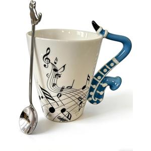 Saxophone Novelty Mug Unique Musical Gift Coffee Cup with Saxophone Handle Design & Spoon, Great Gifts for Music Teachers,Holidays,Mother's Day,Fathers Day,Men,Woman