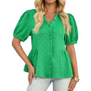 Cicy Bell Womens Peplum Puff Sleeve Tops Dressy Casual Summer Textured Blouses V Neck Ruffle Pleated Shirts Green (Green, M)