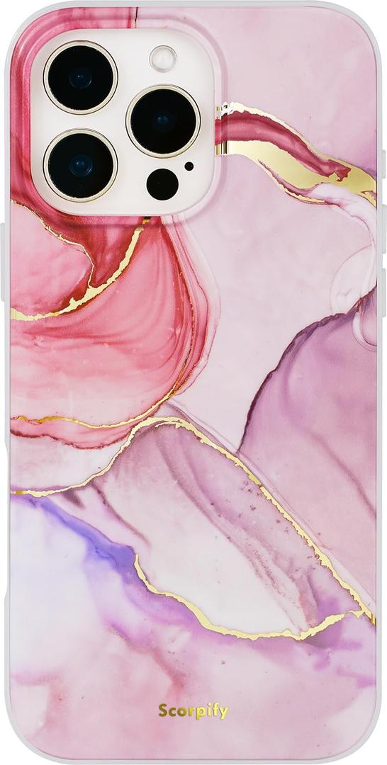 SCORPIFY for iPhone 16 Pro Max Case [Compatible with MagSafe] with Pink Flange Crystal Marble Design, Cute Magnetic Phone Cover for Women Girls, [Non Yellowing] Slim Bumper with Gold Accents