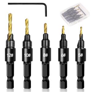 5PCS Countersink Drill Bit Set, Professional Brocas para Madera - Adjustable Wooden Drill Bit Set, Used for Wood Countersink Drill Bit with Depth Stop