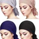 4 Pieces Slip-On Pre-Tied Head Scarves Women Headwear Turban Beanie Caps Head Wrap Headscarf for Women (Grey, Camel, Navy Blue, Black)