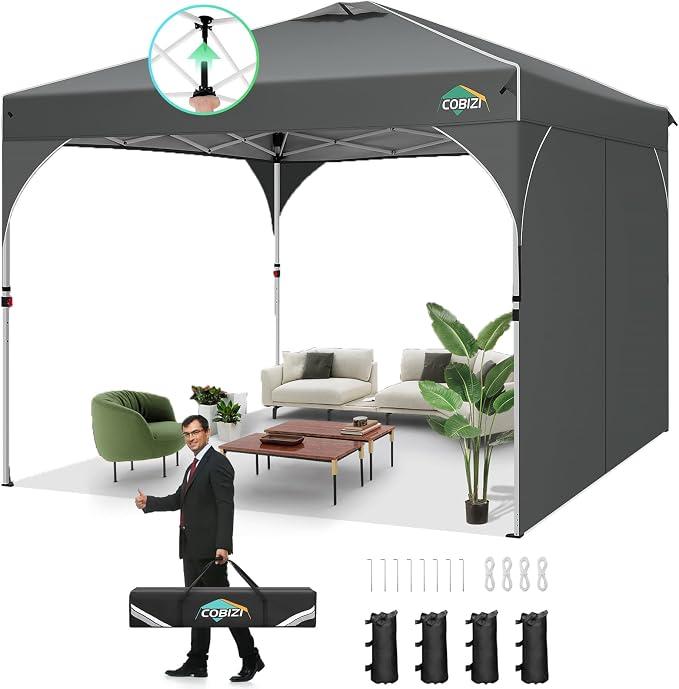 COBIZI 10x10 Pop up Canopy, Canopy Tent 10x10 with 1 Sidewalls, 1 Person Easy Set up, Tents for Parties, Outdoor Canopy with Fluorescent Strip & 4 Sandbags, Waterproof, 3 Adjustable Height（Gray）