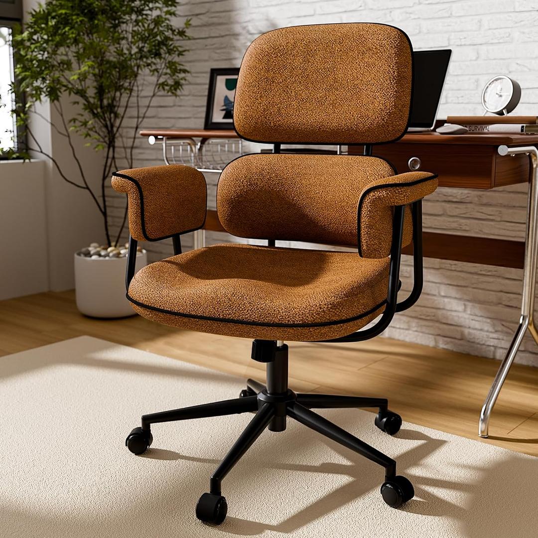 HomeZeer Brown Office Chair with Memory Foam Cushion, Fabric Office Chair with Wheels and Arms, Mid Century Modern Desk Chair with Adjustable Height and Granular Linen, 20 inches x 19.5 inches x 42 inches