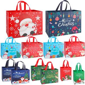 Christmas Gift Bags Assorted Sizes, Extra Large/Medium/Small 12PC Christmas Tote Bags with Handles, Heavy Duty Non-Woven Christmas Shopping Bags, Party Favor Bags, Large Holiday Bags for Presents Bulk