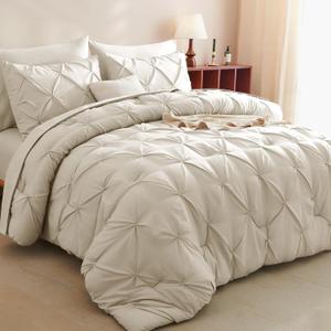 CozyLux Queen Comforter Set Oatmeal, 7 Pieces Pintuck Bed in A Bag, Premium Oatmeal Comforter Queen Size, Pinch Pleat Bedding Sets with Comforter, Sheets, Pillowcases & Shams