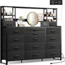 WLIVE 55" W Dresser for Bedroom with 15 Fabric Drawers & 5 Storage Shelves, Tall Black Dresser with Charging Station, Makeup Vanity Desk, Dressing Table, Chest of Drawers for Closet, Living Room