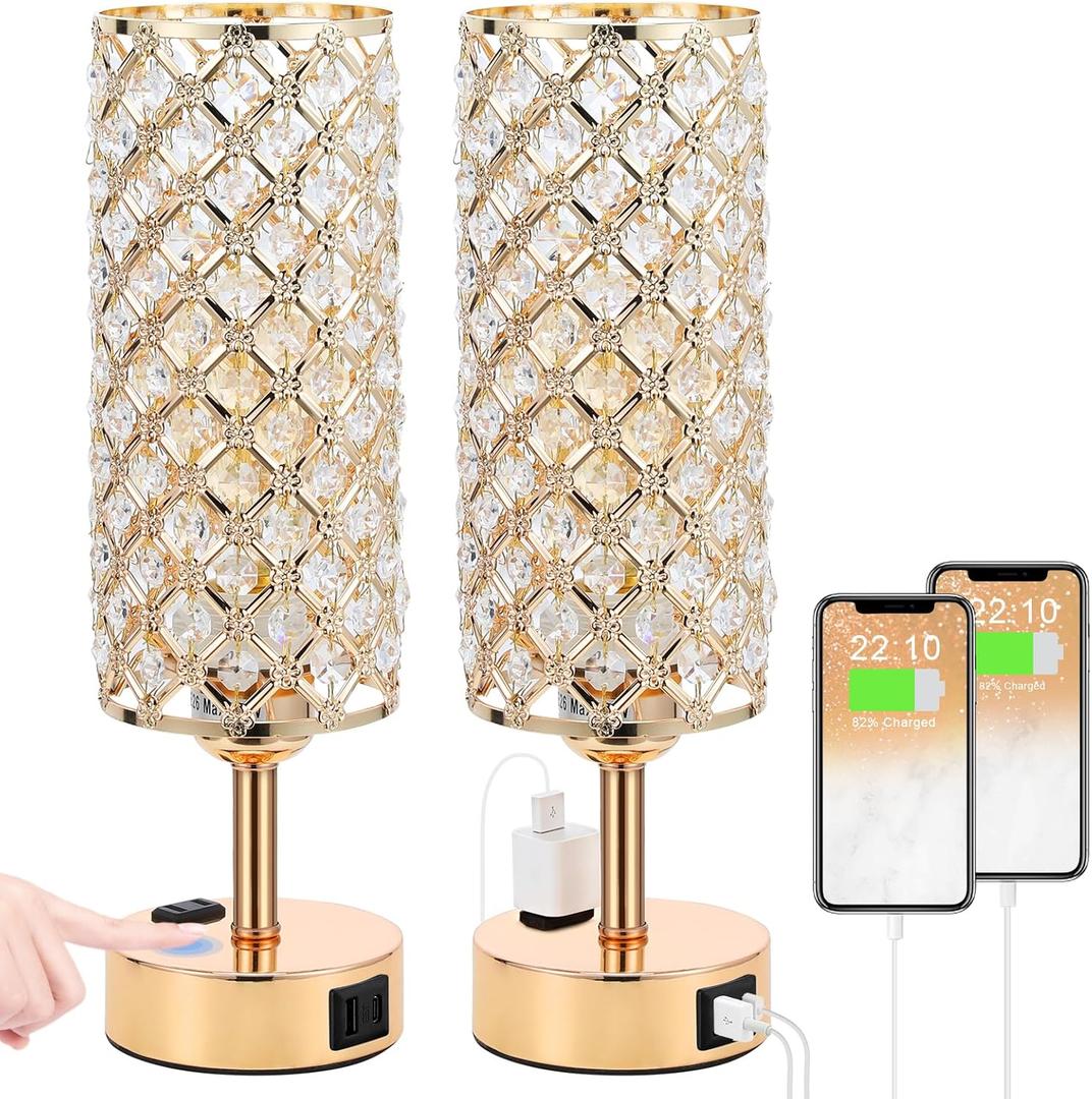 Hong-in Gold Lamps Set of 2, Dimmable Gold Lamps for Nightstand with USB-C+A & AC Charging Ports, 3-Way USB Crystal Lamp, Bedside Desk Light for Bedroom Living Room Home Office(Bulb Included)