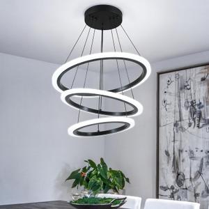 O'NEELDY Modern 3 Ring LED 52W Black Pendant Light with Irregular Ring Lights Adjustable Hanging Lamp for Dining Room Bedroom Kitchen Island Cafe, 16 inches x 16 inches x 47 inches