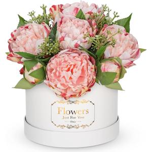 Hollyone Pink Peonies Artificial Flowers in Vase Round Gift Boxes with Fake Flowers Arrangements Faux Flowers Floral in Box Vase for Her Mothers' Day Valentine's Day Christmas Birthday Graduation Gift (Pink and White)