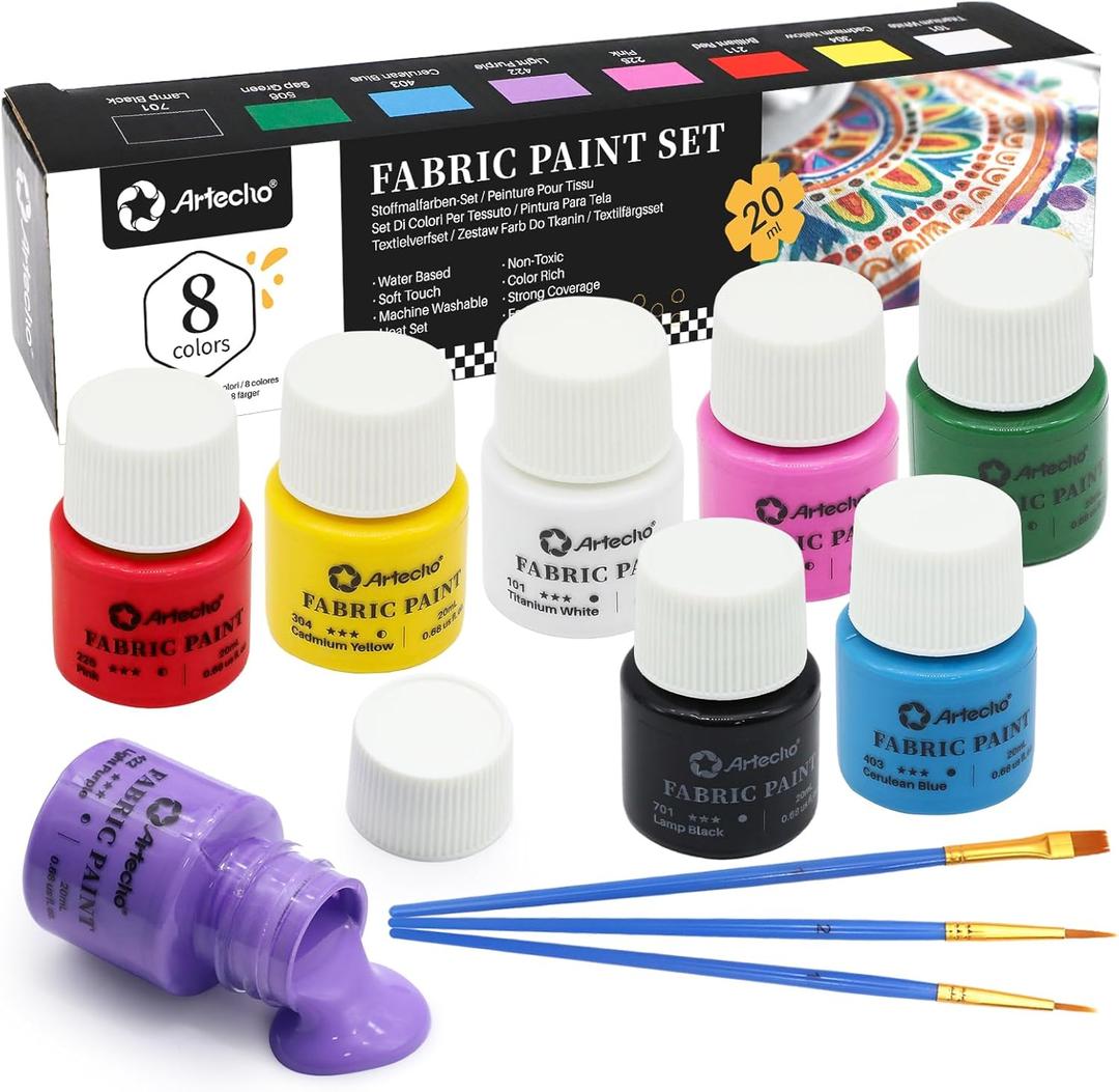 Artecho Fabric Paint Set - 8 Colors (20ml / 0.7 oz Each) Permanent Clothing Paint for DIY T-Shirts, Tote Bags & Canvas, Washable & Flexible Textile Paint (5.6 Fl Oz (Pack of 1))
