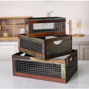 TIMRIS Set of 3 Rustic Wood Nesting Crates, Farmhouse Distressed Wooden Storage Boxes, Decorative Reclaimed Wood Organizer Baskets with Wire Mesh (Random)