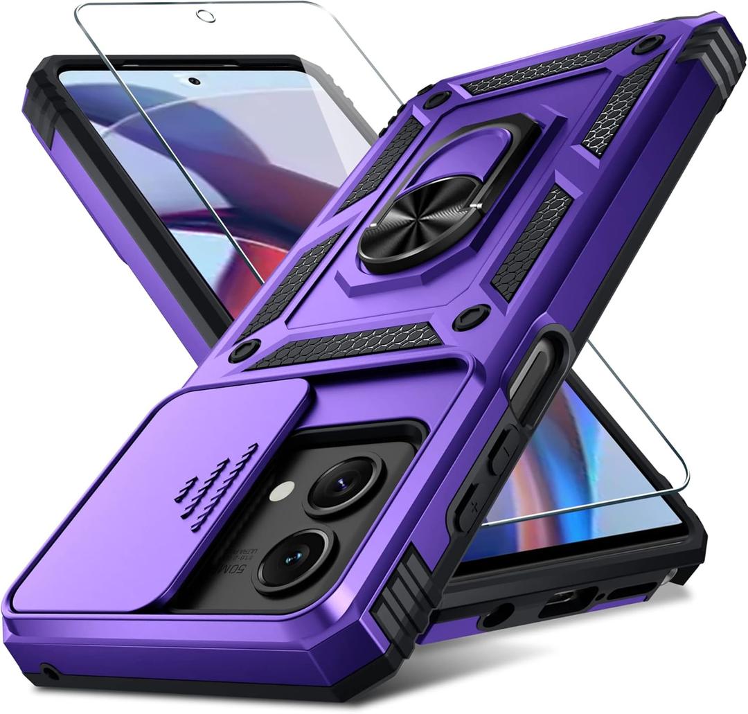 Janmitta Compatible with Moto G Stylus 5G 2023 Case Built in Slide Camera Lens Cover+Screen Protector+Finger Ring Holder Kickstand,Heavy Duty Shockproof Full Body Phone Cover,Purple