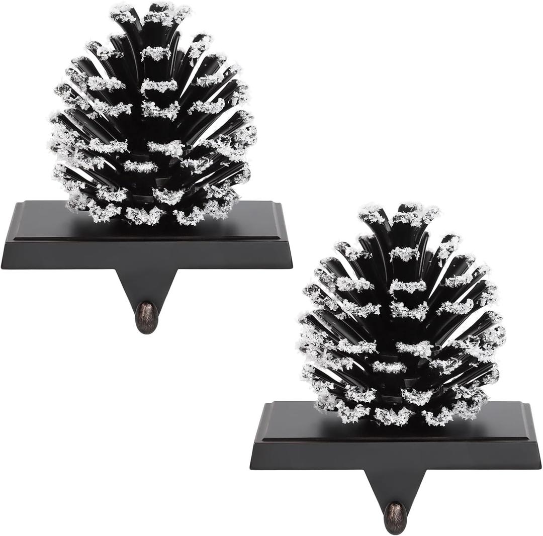 Hxezoc 2 Pack Pine Cone Christmas Stocking Holder with Snowflake, 3D Brown Metal Mantel Stocking Hangers for Christmas Fireplace Mantel Decorations Christmas Holiday Supplies