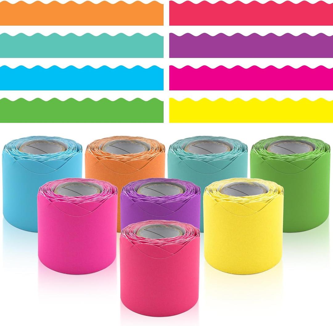 8 Rolls 262.4 Ft Bright Bulletin Board Borders Set - Decorations for Office, School Classroom Decor, Teachers & Home DIY - Posters & Birthday Parties - Board Trim