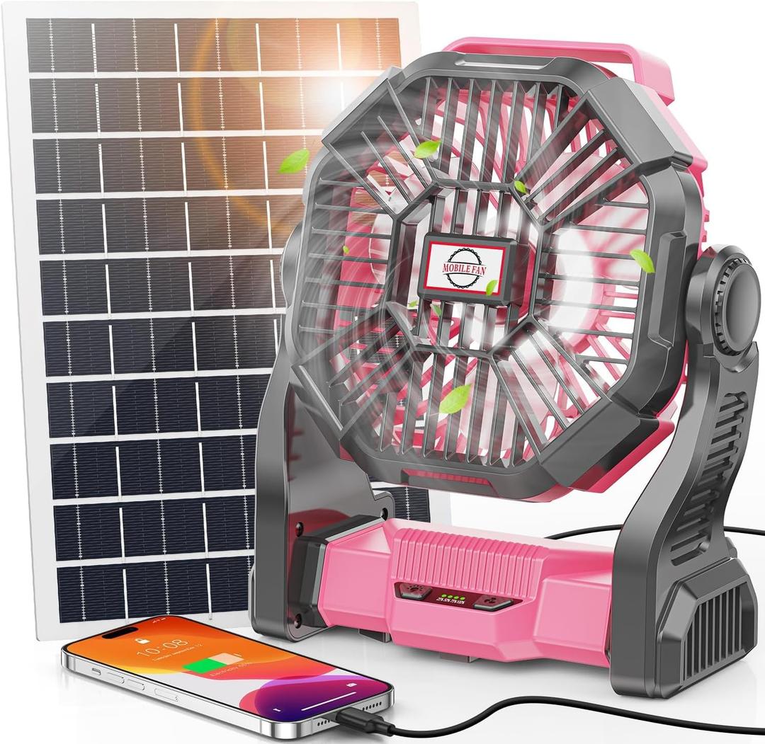 30000mAh Solar Fan with LED Lantern, 10W Solar Panel Rechargeable Battery Powered Camping Fan for Outside, 9 Inch Portable Battery Operated Hurricane Supplies for Picnic, Barbecue, Fishing, Travel (Pink)