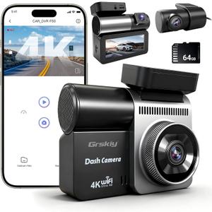 4K Dash Cam Front and Rear Inside, 3 Channel Car Dash Camera with Built-in GPS & 64GB SD Card, 5.8GHz WiFi, Night Vision, G-Sensor, Loop Recording, 3.39 Inch Screen, 24H Parking Monitor