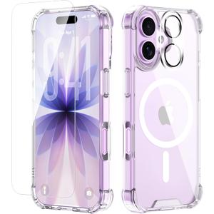 for iPhone 17 Case with Tempered Glass Screen Protector & Lens Protector, Compatible with MagSafe, Military-Grade 4-Corner Shockproof, Magnetic & Anti-Yellowing Clear Case