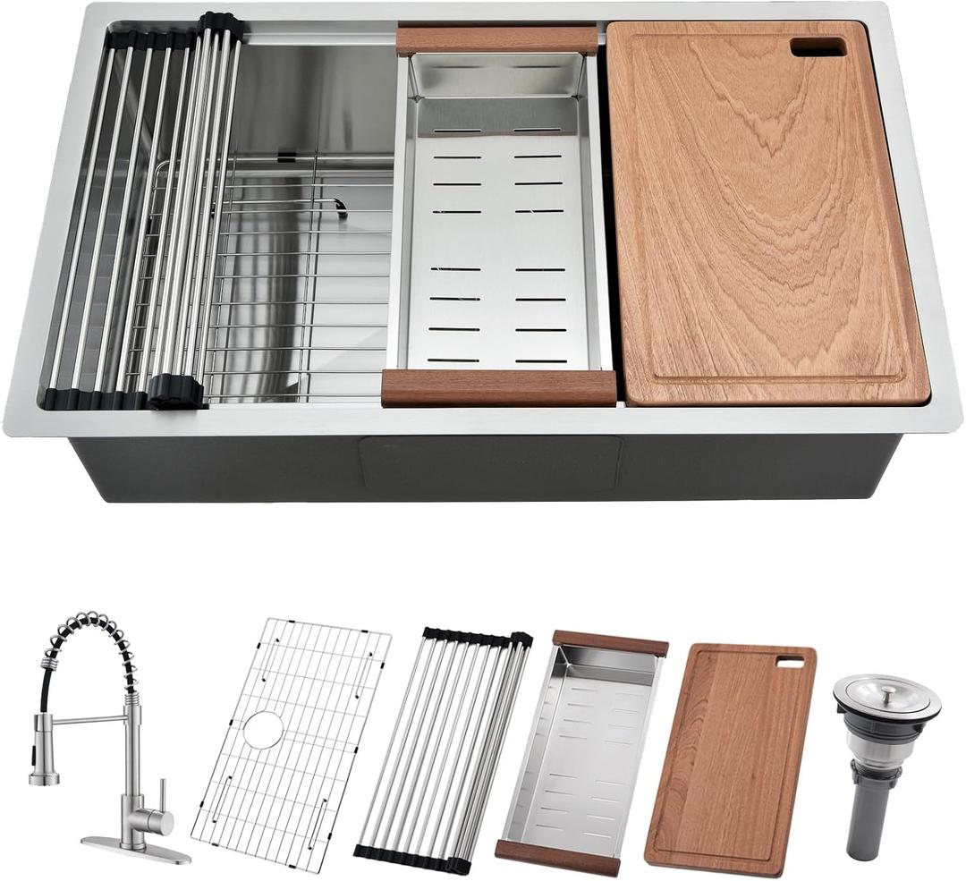 32 Inch Undermount Kitchen Sink with Faucet - 32x19 Single Bowl Undermount Kitchen Sink with Faucet Combo, 10 Inch Deep Stainless Steel Workstation Sinks with Accessories