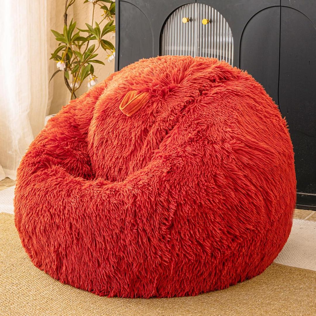 Burnt Orange Plush Bean Bag Chair Covers (No Filler), Comfy Faux Fur Burnt Orange Bean Bag Chair Cover for Bedroom, Stuffed Animal Storage, Kids Adults Teens Girls Bean Bag Chairs, Anti-Slip