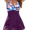 Blooming Jelly Womens One Piece Swimsuit Tummy Control with Cutout Skirt Bathing Suit Modest Twist Front Swim Dress (Medium, Purple Floral)