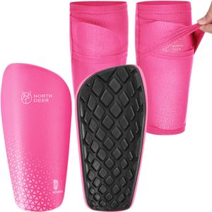 Northdeer Soccer Shin Guards for Kids Adults. Sleeves with Optimized Insert Pocket - Protective Soccer for Boys Girls Men (S (under 4'7"), Shin Pads 1 Pair + Sleeves 1 Pair, Pink)