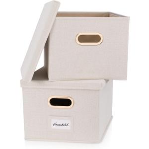 ZICOTO Decorative File Organizer Box Set of 2 - Collapsible Linen Filing Cabinets w/Handles Are Perfect to Store all Your Documents & Hanging File Folders - Portable Easy Slide Crates with Lid (Ivory)