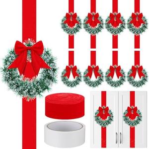 Juinte 10 Pcs 8" Small Christmas Wreaths for Kitchen Cabinet and 1 Roll Ribbon 2.5" x 30 Yards, Mini Christmas Wreaths for Indoor DIY Crafts Window Front Door Farmhouse(Classic,Velvet)