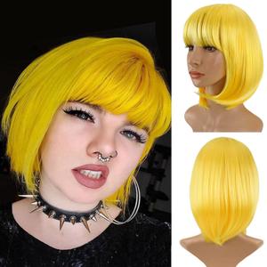 Bob Wig With Bangs Yellow 12 Inch Short Synthetic Fiber Bob Wigs for Women Short Bob Wigs and Halloween Cosplay Wig for Daily Life Colorful Wigs With One Cap (Yellow)