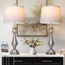 Modern Silver Table Lamps Set of 2 for Living Room,30" Tall Bedside Lamp with USB Charging Port,3-Way Dimmable Touch Nightstand Lamp for Bedroom Desk Side Table Office,Silver