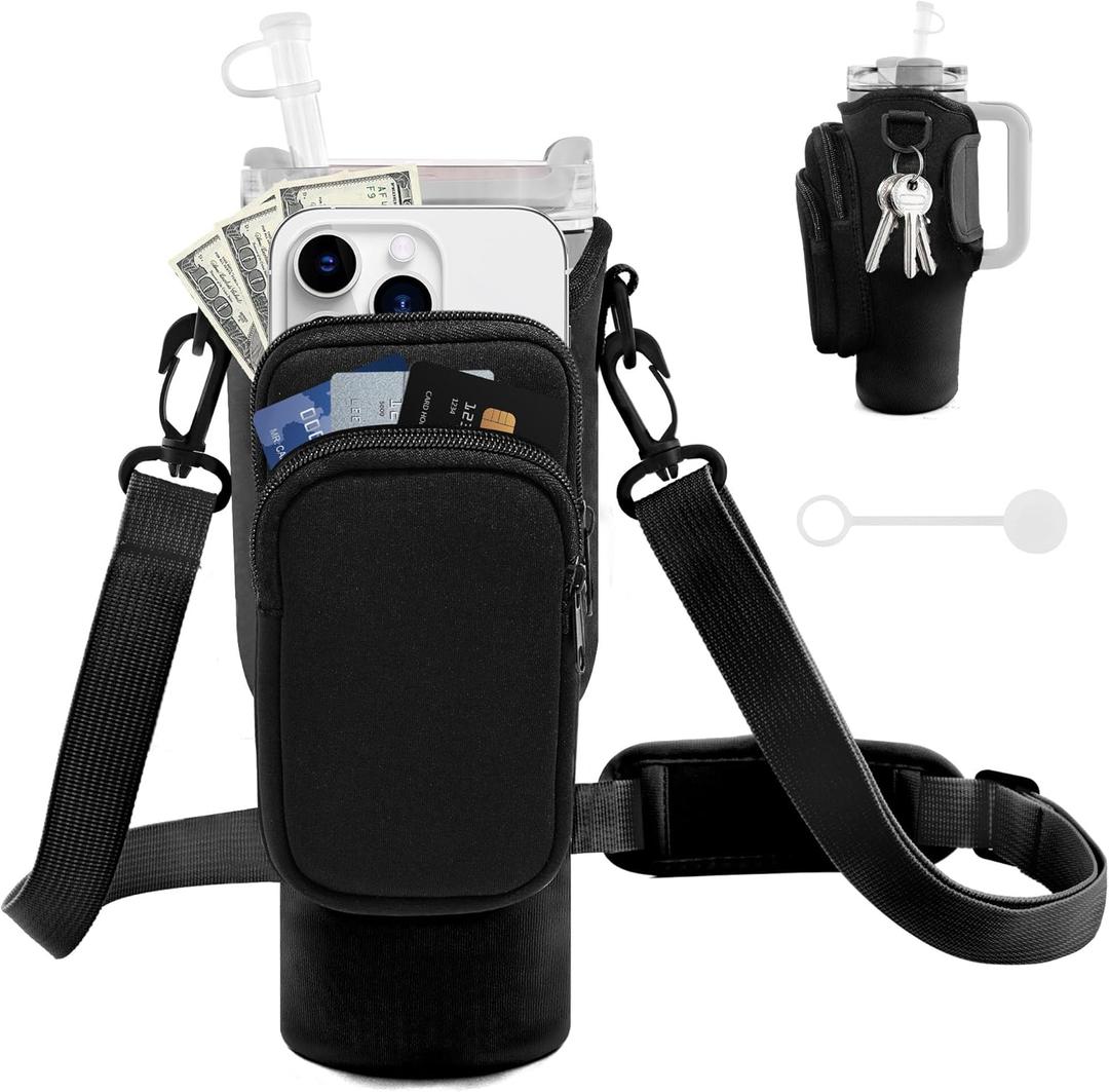 Water Bottle Carrier Bag with Phone Pocket for Stanley Cup 40/30 oz, Water Bottle Holder with Adjustable Strap& Straw Cover, Stanley Cup Accessories (01 Black)