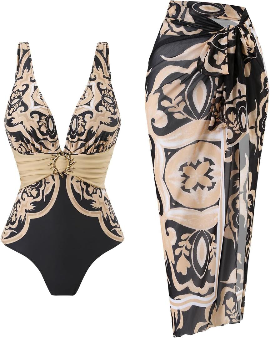 SherryDC One Piece Swimsuit with Cover up Wrap Skirt Sarong Floral Print Plunge V Neck Bathing Suit for Women (L)