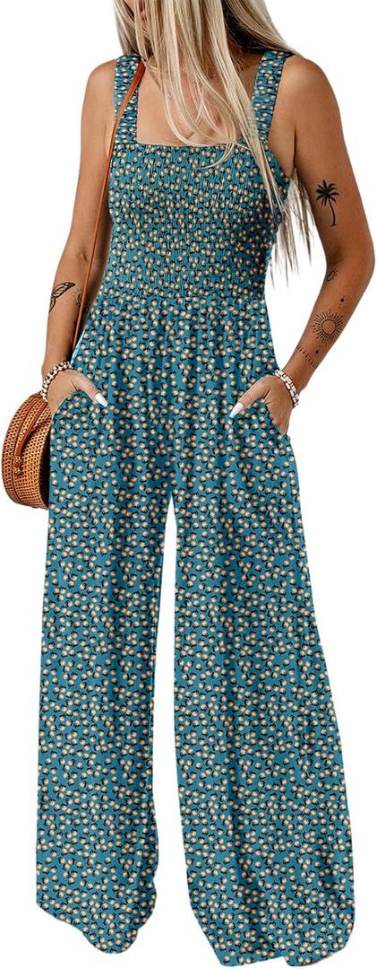 Dokotoo Women's Casual Loose Overalls Jumpsuits One Piece Sleeveless Printed Wide Leg Long Pant Rompers With Pockets, L