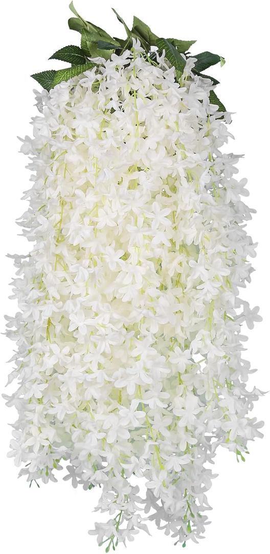 Artificial Lilac Flowers Garland 8Pcs-24Branches 33.5in Fake Syringa Wisteria Vines Faux Silk Lilac Hanging Floral Decoration for Indoor Outdoor Wedding Arch Birthday Party Garden Balcony (White)