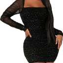 Floerns Women's Sequin Mesh Long Sleeve Square Neck Ruched Mini Bodycon Dress (XX-Large, Black)