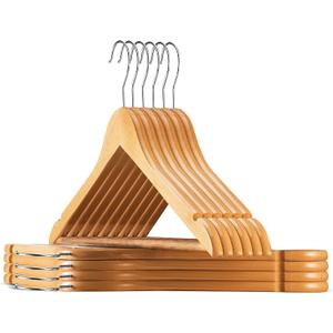  30 Pack, Heavy Duty, Non Slip Wooden Hangers for Coats, Jackets, Suits, & Pants - Clothes Hangers for Closet W/ Bar and Notches (Natural)