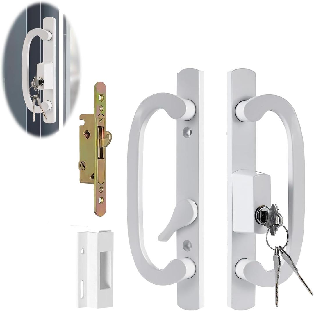 Keyed Offset Center Sliding Patio Door Handleset With Mortise And Keeper Assembly 45°Keyway, 3-15/16" H.C., NonHandle Used For 1-3/8" To 2" Thick Sliding Glass Door & Patio Door (White),Zinc Alloy