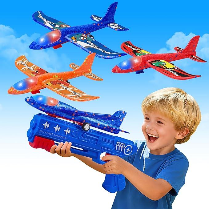 LJZJ 3 Pack Airplane Launcher Toys, 2 Flight Modes LED Foam Glider Catapult Plane, Outdoor Flying Toy for Kids, Birthday Gifts for Boy Girl 3+ Year Old, BDay Party Supplies